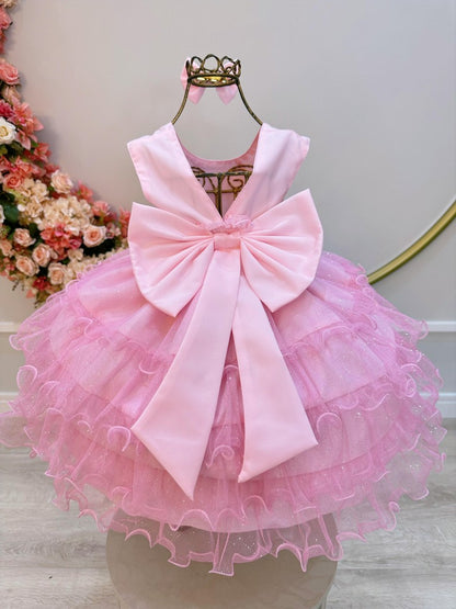Vestido Infantil Rosa Claro Saia C/ Babados e Glitter Daminha