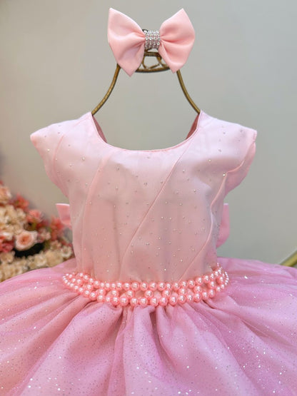 Vestido Infantil Rosa Claro Saia C/ Babados e Glitter Daminha