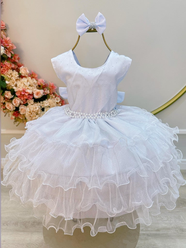 Vestido Infantil Branco em Tule com Glitter e Pérolas Saia de Babado para Daminhas