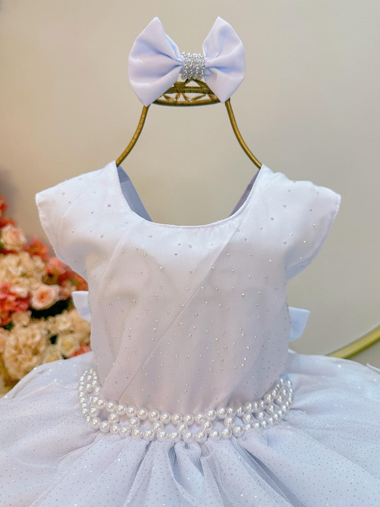 Vestido Infantil Branco em Tule com Glitter e Pérolas Saia de Babado para Daminhas