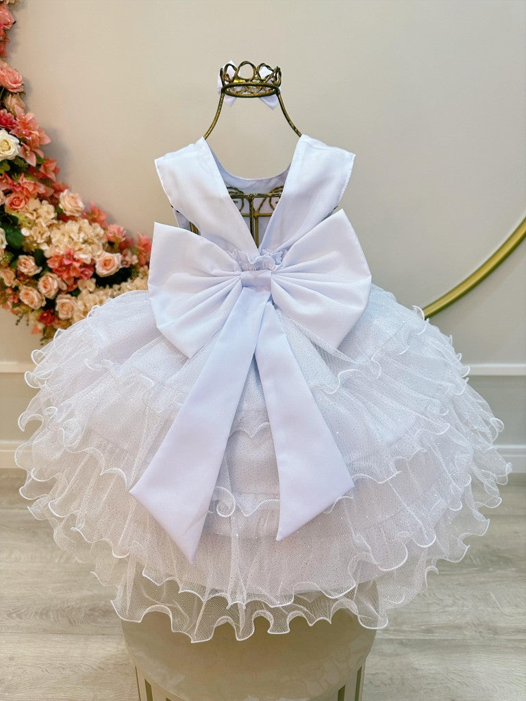 Vestido Infantil Branco em Tule com Glitter e Pérolas Saia de Babado para Daminhas