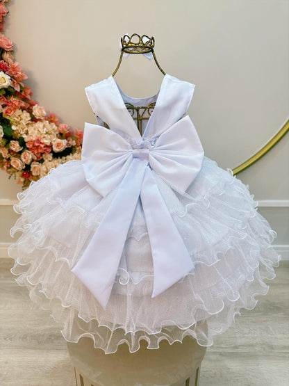 Vestido Infantil Branco em Tule com Glitter e Pérolas Saia de Babado para Daminhas