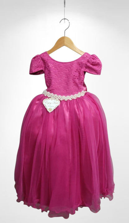Vestido Infantil Longo Pink em Tule com Renda e Saia Rodada para Casamentos
