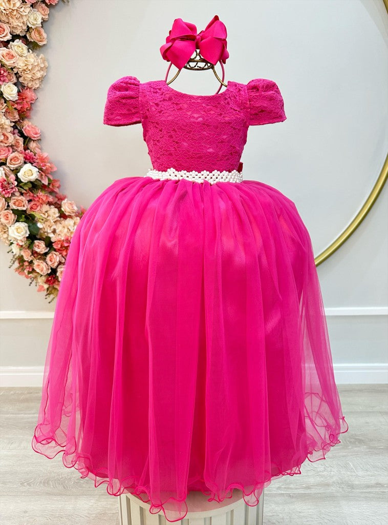 Vestido Infantil Longo Pink em Tule com Renda e Saia Rodada para Casamentos