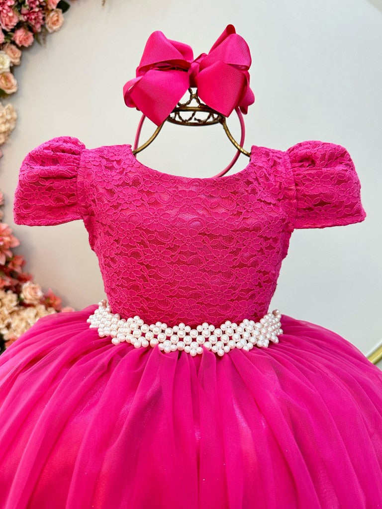 Vestido Infantil Longo Pink em Tule com Renda e Saia Rodada para Casamentos
