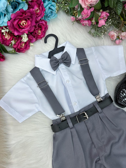 Conjunto Social Infantil Cinza em Poliéster com Gravata Cinza Claro e Suspensório para Pajem