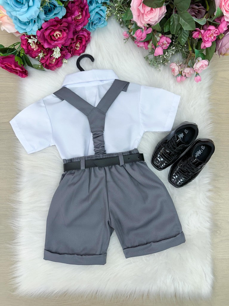 Conjunto Social Infantil Cinza em Poliéster com Gravata Cinza Claro e Suspensório para Pajem