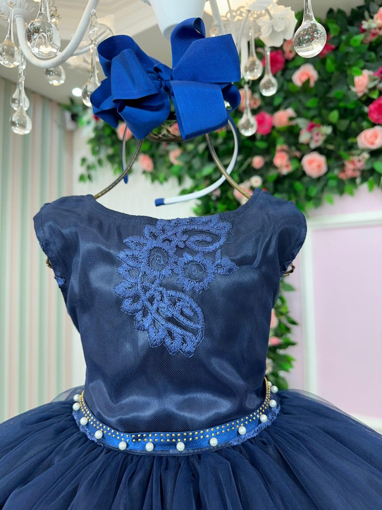 Vestido Infantil Marinho em Cetim com Saia Rodada para Festas