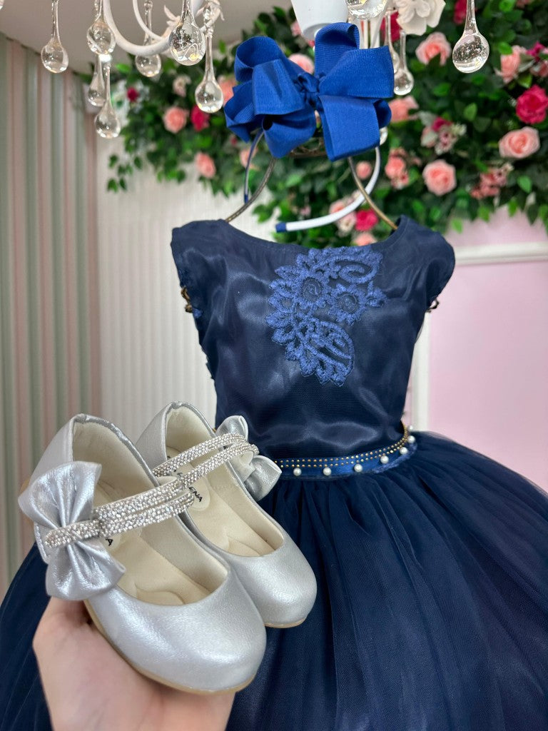 Vestido Infantil Marinho em Cetim com Saia Rodada para Festas
