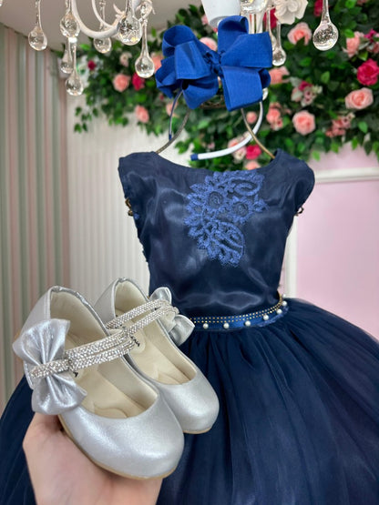 Vestido Infantil Marinho em Cetim com Saia Rodada para Festas