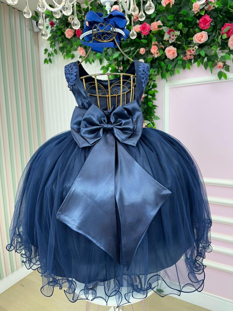 Vestido Infantil Marinho em Cetim com Saia Rodada para Festas