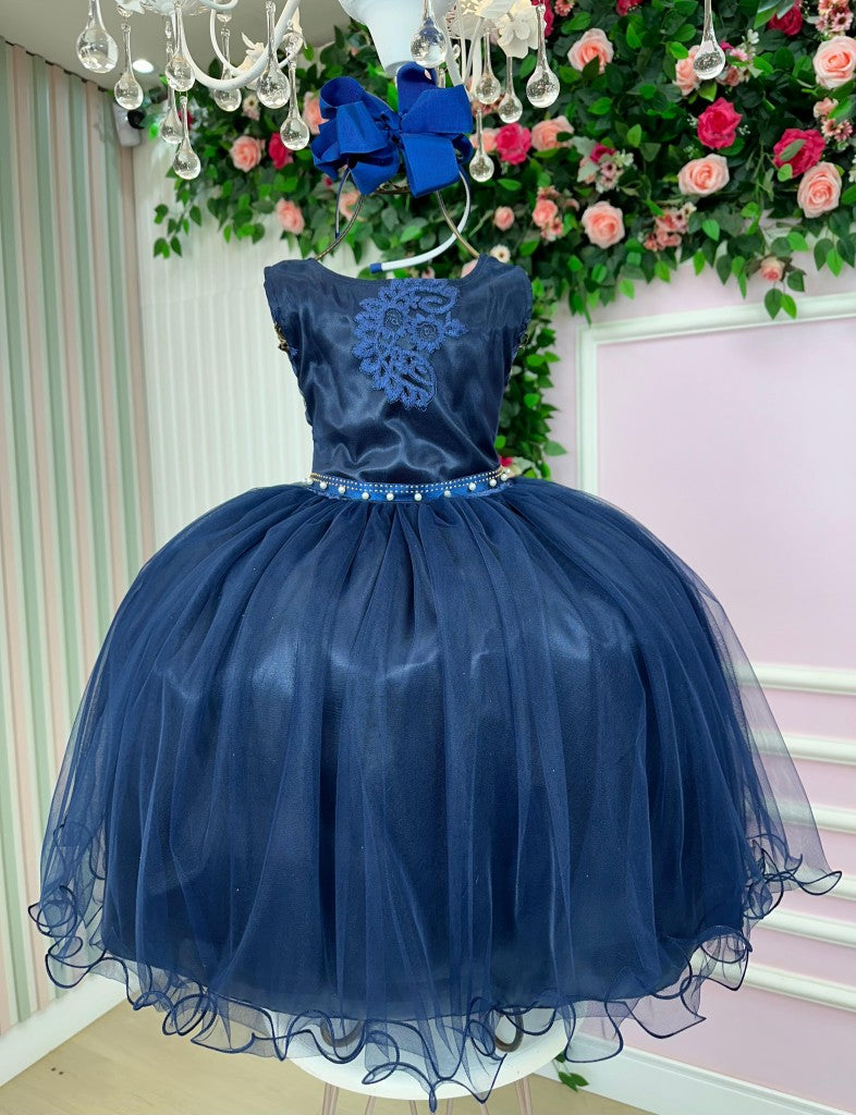 Vestido Infantil Marinho em Cetim com Saia Rodada para Festas