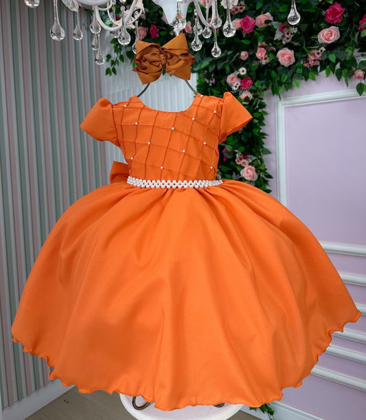 Vestido Infantil Terracota em Poliéster com Pérolas e Gola