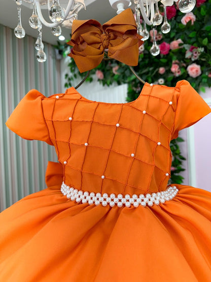 Vestido Infantil Terracota em Poliéster com Pérolas e Gola