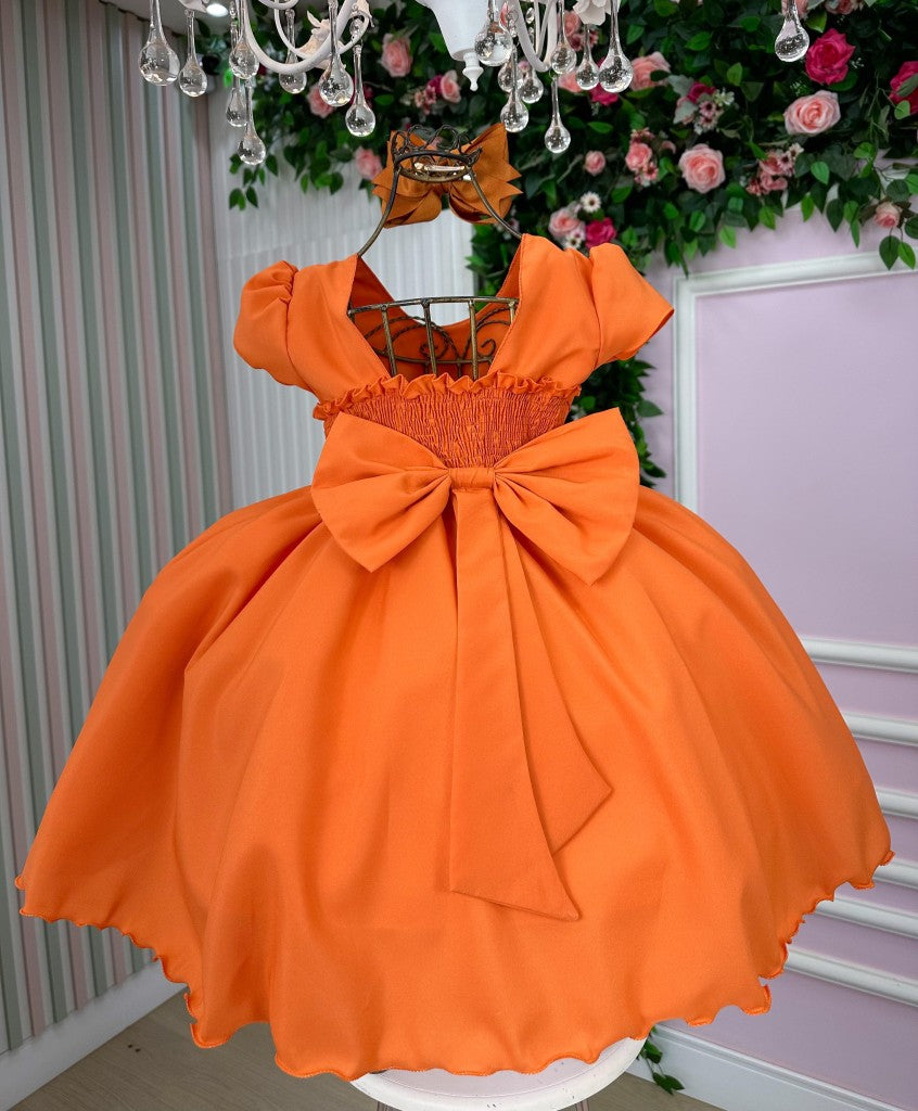 Vestido Infantil Terracota em Poliéster com Pérolas e Gola