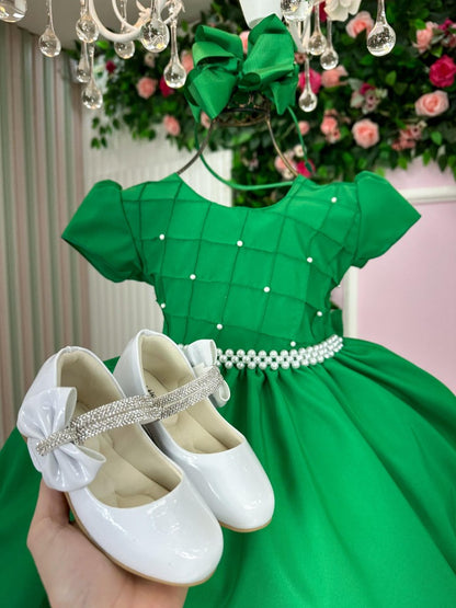 Vestido Infantil Verde Bandeira em Poliéster com Pérolas no Peito e Gola para Festa de Aniversário