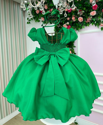 Vestido Infantil Verde Bandeira em Poliéster com Pérolas no Peito e Gola para Festa de Aniversário