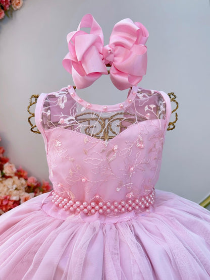 Vestido Infantil Longo Rosa Claro C/ Renda e Pérolas Damas