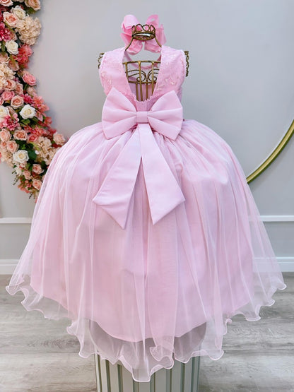 Vestido Infantil Longo Rosa Claro C/ Renda e Pérolas Damas