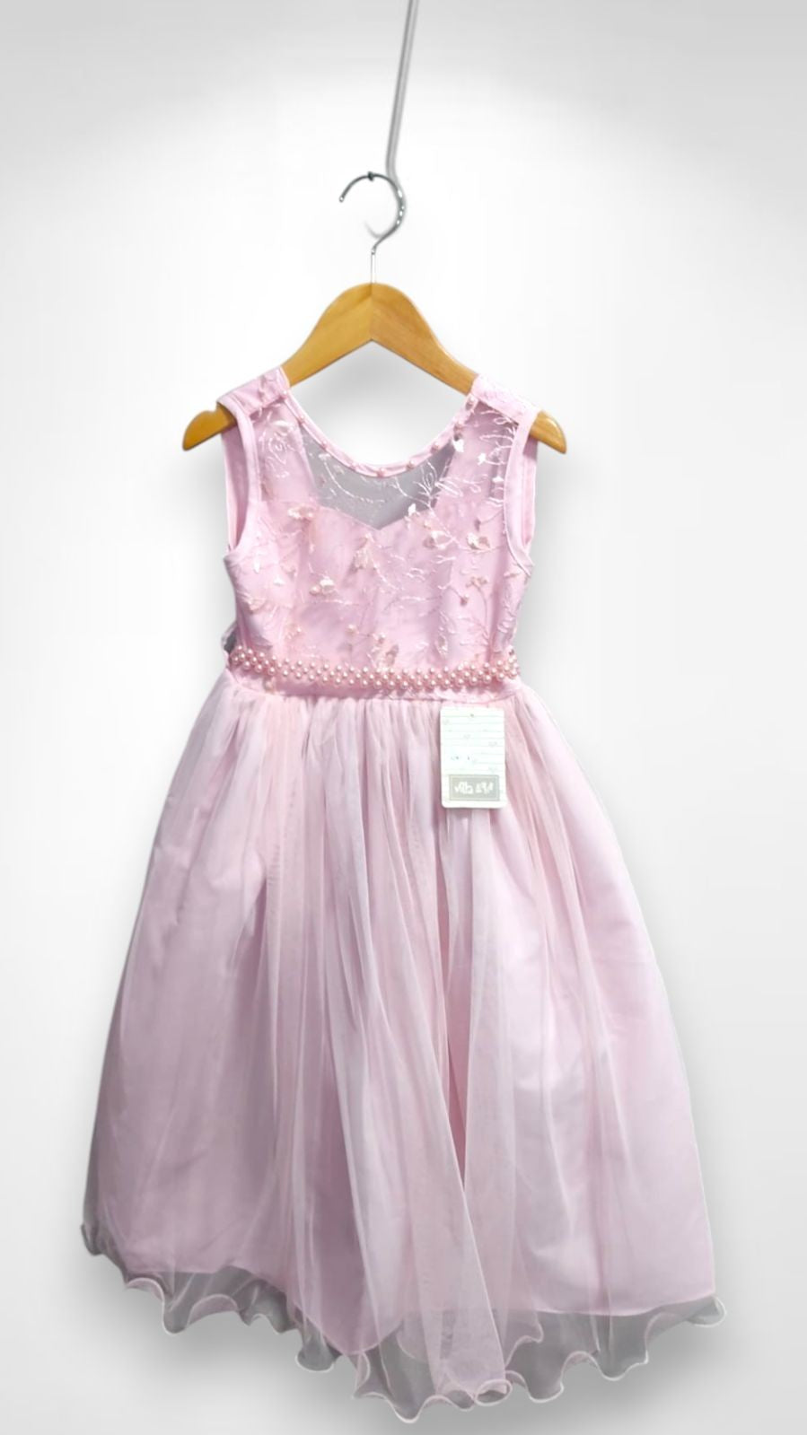 Vestido Infantil Longo Rosa Claro C/ Renda e Pérolas Damas