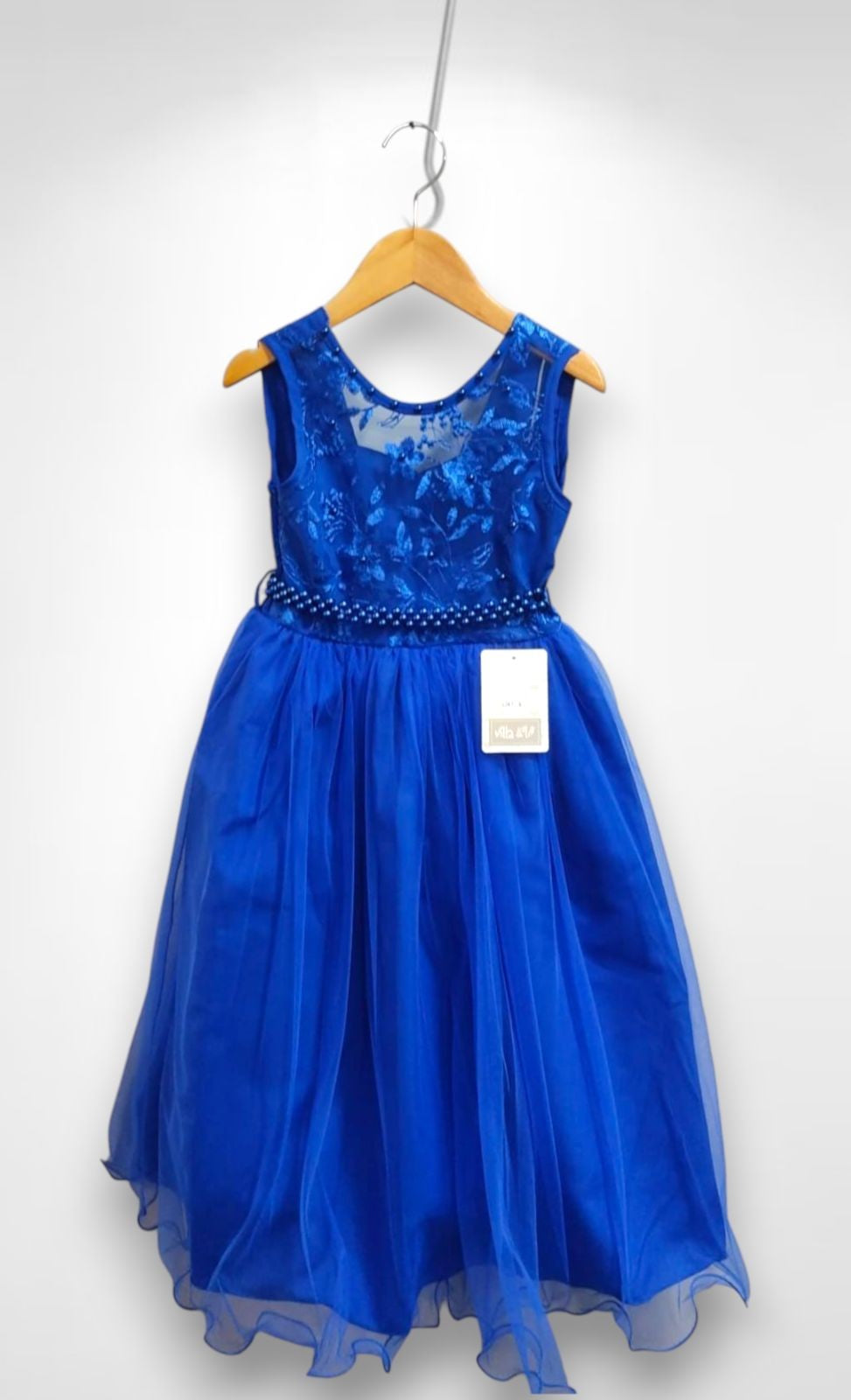Vestido Infantil Longo Azul Royal C/ Renda e Pérolas Damas