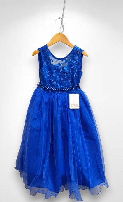 Vestido Infantil Longo Azul Royal C/ Renda e Pérolas Damas