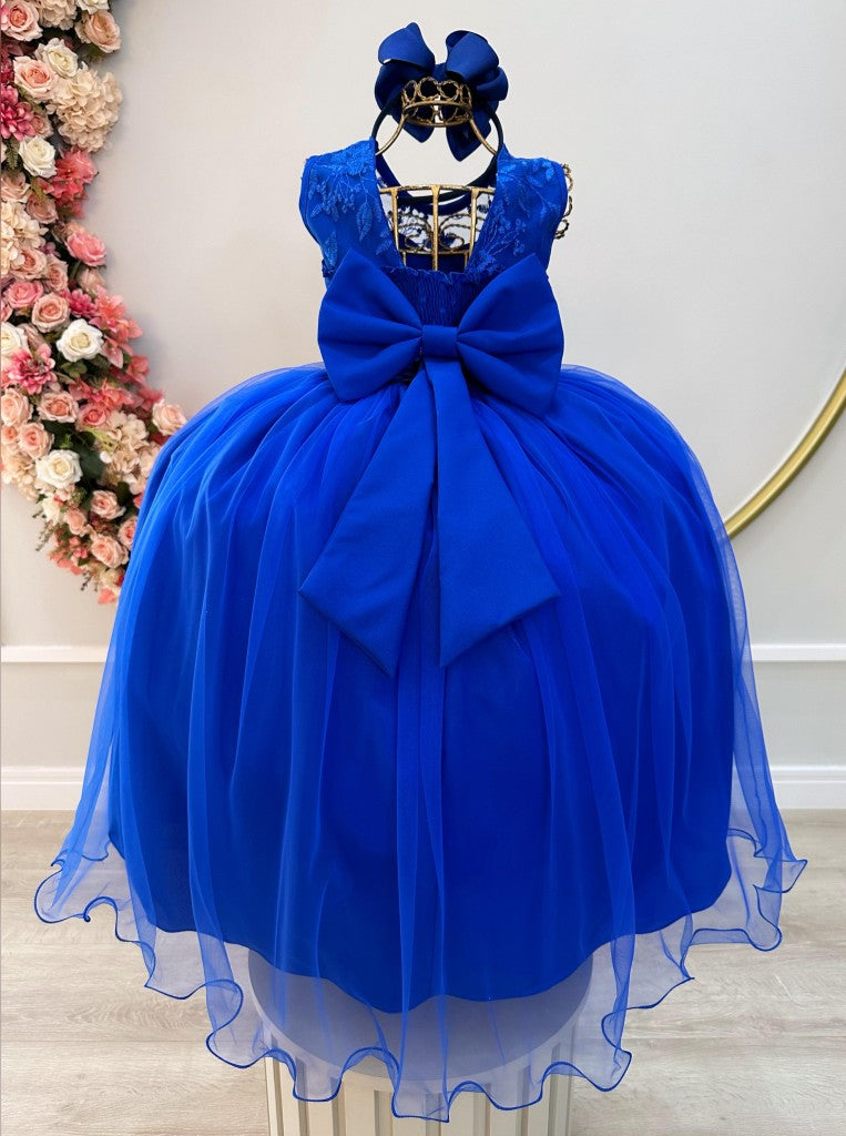 Vestido Infantil Longo Azul Royal C/ Renda e Pérolas Damas