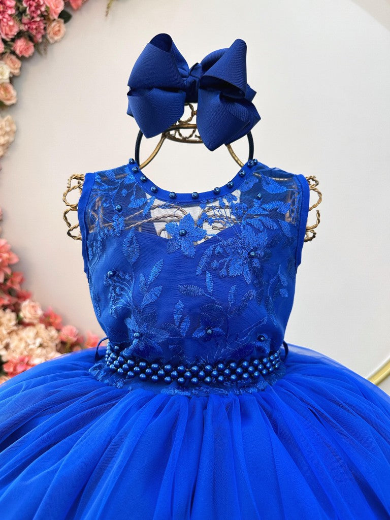 Vestido Infantil Longo Azul Royal C/ Renda e Pérolas Damas