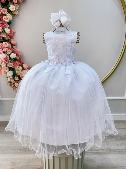 Vestido Infantil Branco em Tule com Aplique de Flores e Renda Delicada para Daminhas