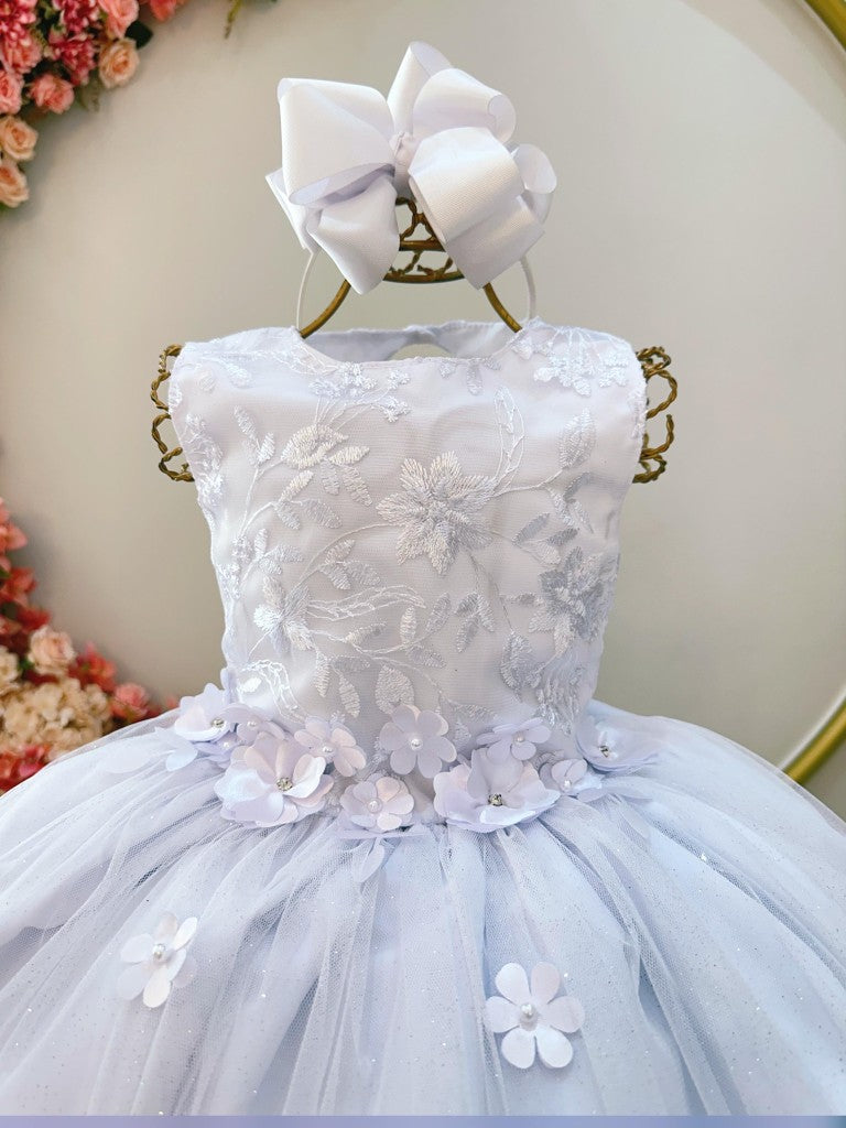 Vestido Infantil Branco em Tule com Aplique de Flores e Renda Delicada para Daminhas
