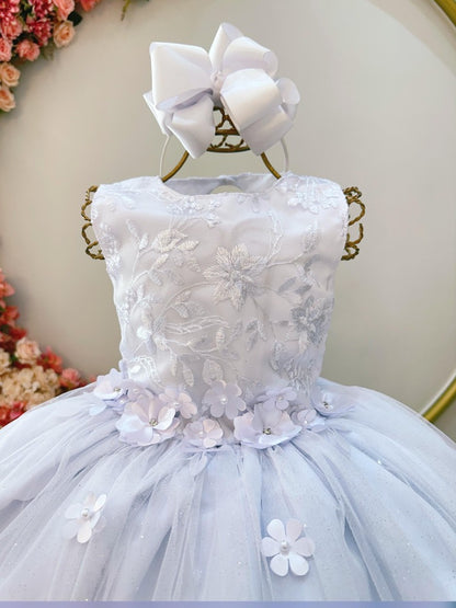Vestido Infantil Branco em Tule com Aplique de Flores e Renda Delicada para Daminhas