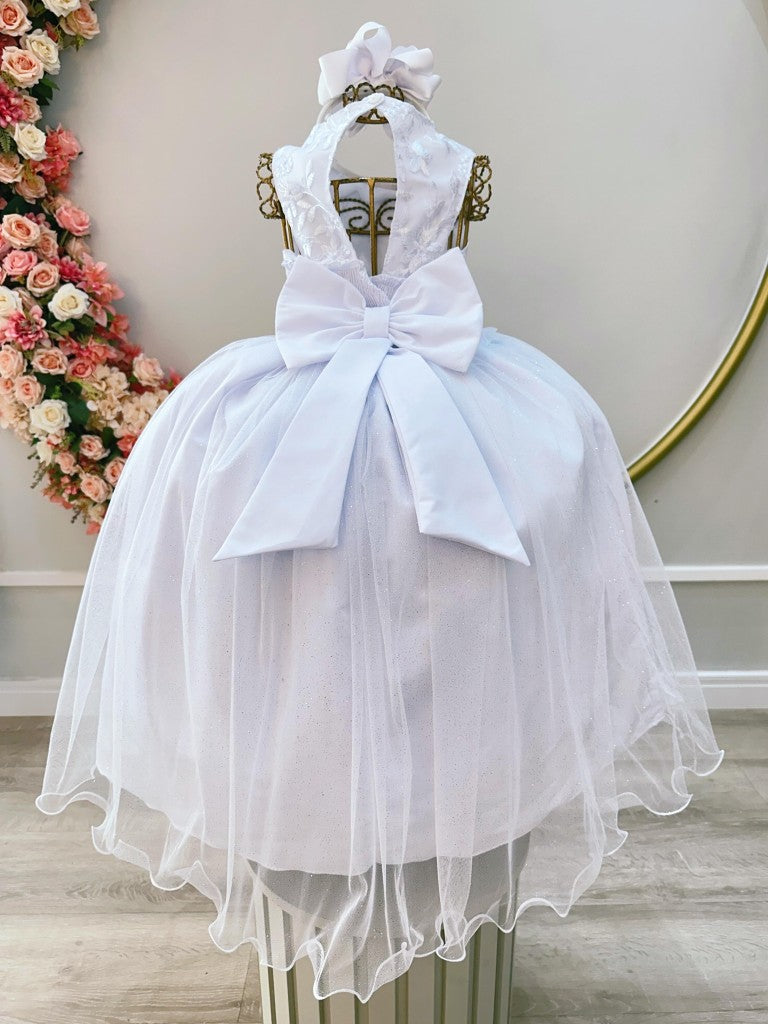 Vestido Infantil Branco em Tule com Aplique de Flores e Renda Delicada para Daminhas