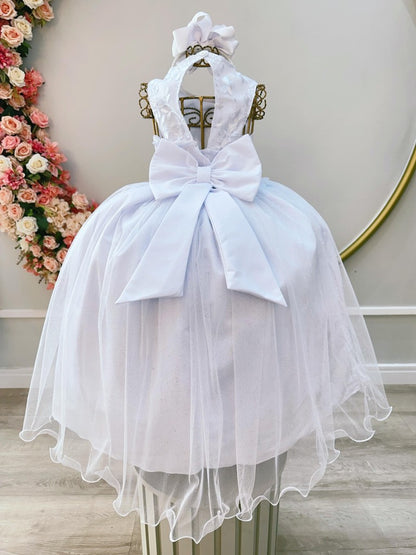 Vestido Infantil Branco em Tule com Aplique de Flores e Renda Delicada para Daminhas