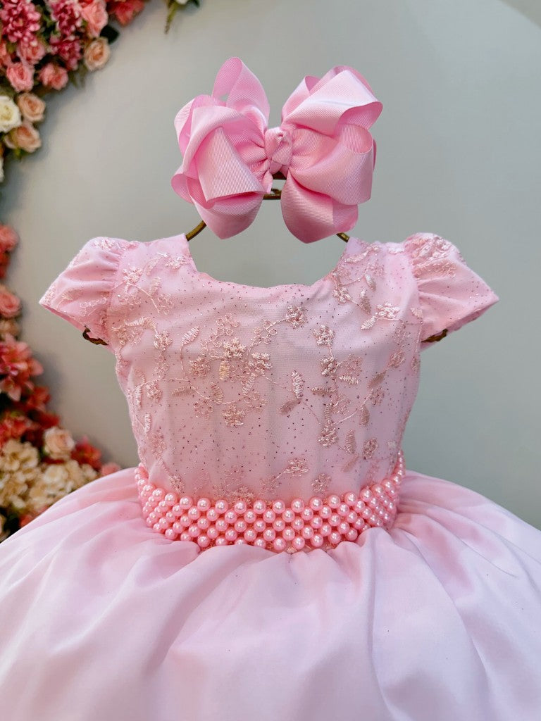 Vestido Infantil Longo Rosa Claro Busto C/ Renda Casamentos