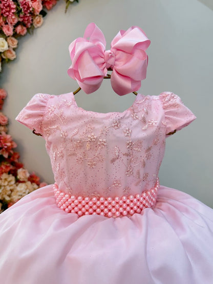 Vestido Infantil Longo Rosa Claro Busto C/ Renda Casamentos