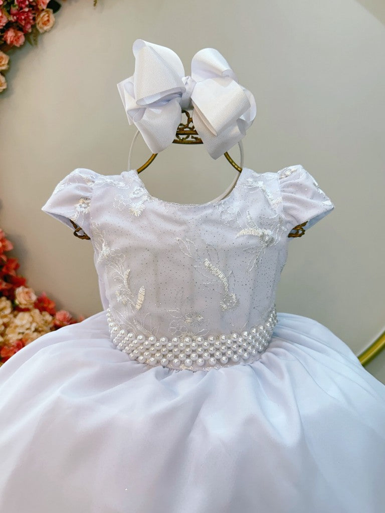 Vestido Infantil Branco em Renda com Saia Rodada para Casamentos
