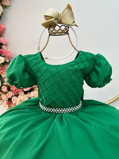 Vestido Infantil Verde Bandeira em Cetim com Nervura no Busto para Daminhas