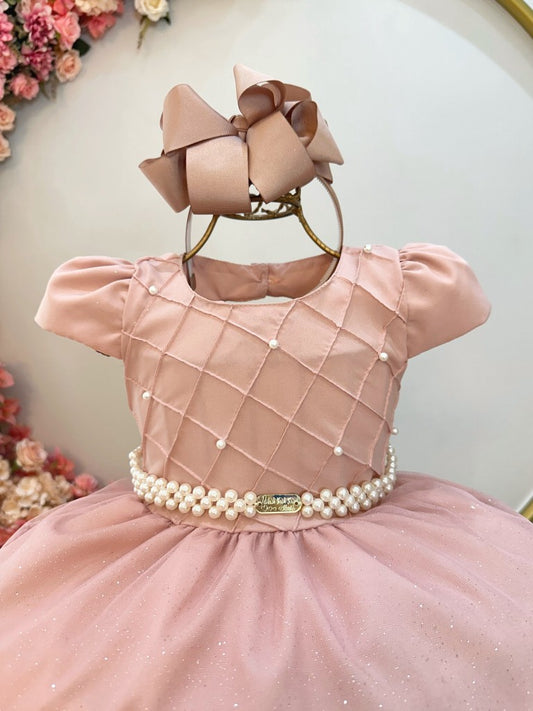 Vestido Infantil Longo Nude Busto Nervura Festas Daminha