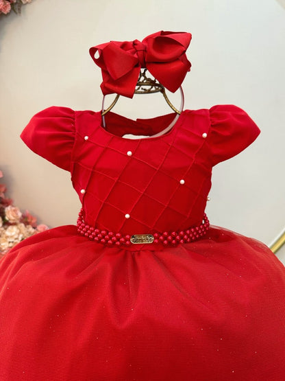 Vestido Infantil Longo Vermelho Busto Nervura Festas Daminha