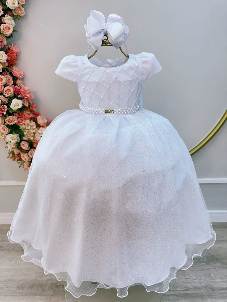 Vestido Infantil Branco em Cetim com Nervura no Busto para Daminhas
