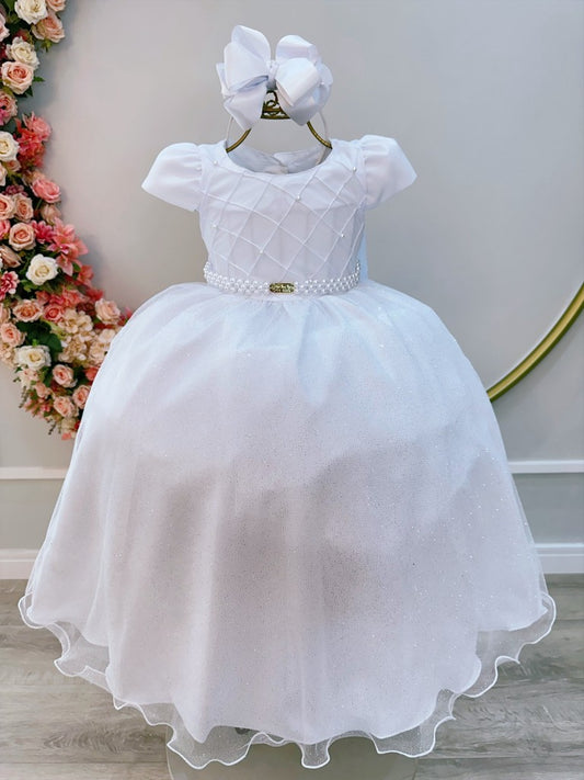 Vestido Infantil Branco em Cetim com Nervura no Busto para Daminhas