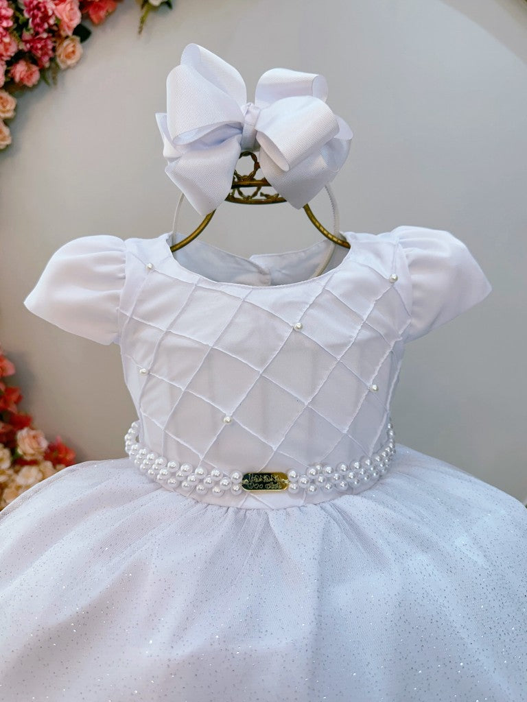 Vestido Infantil Branco em Cetim com Nervura no Busto para Daminhas
