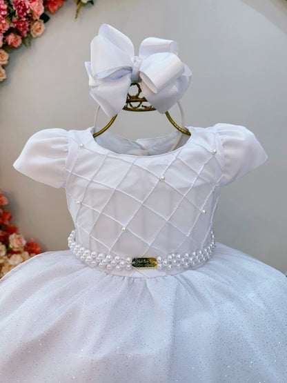 Vestido Infantil Branco em Cetim com Nervura no Busto para Daminhas