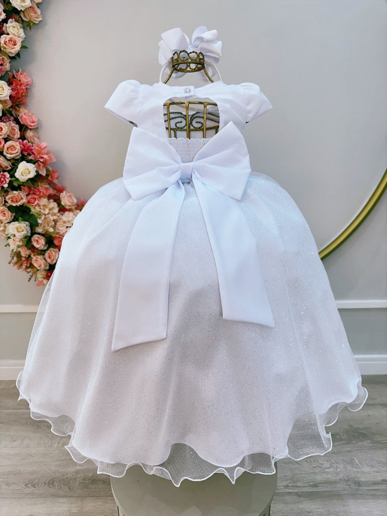 Vestido Infantil Branco em Cetim com Nervura no Busto para Daminhas