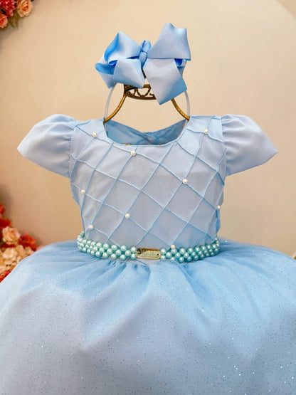 Vestido Infantil Azul Claro em Cetim com Busto Nervura para Festa de Daminha
