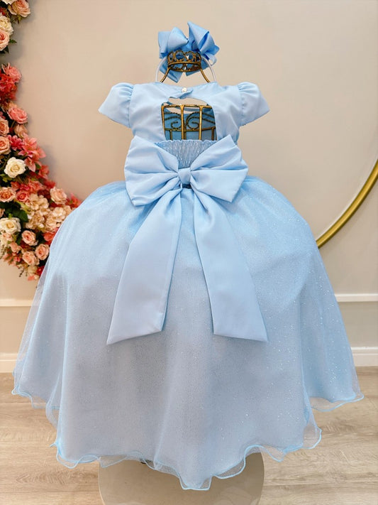 Vestido Infantil Azul Claro em Cetim com Busto Nervura para Festa de Daminha