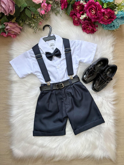 Conjunto Social Infantil Azul Petroleo em Microfibra com Gravata e Suspensório para Pajem