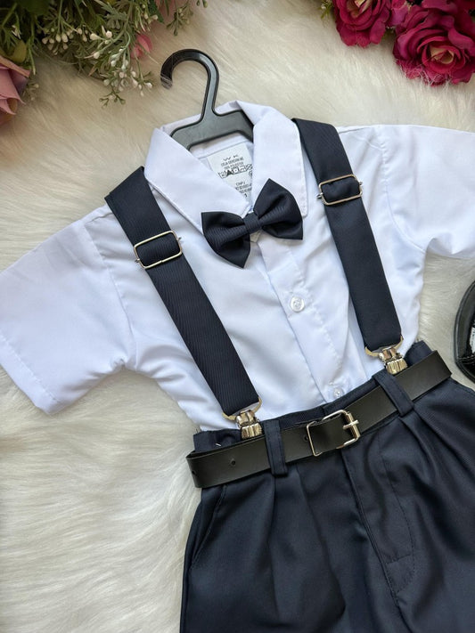 Conjunto Social Infantil Azul Petroleo em Microfibra com Gravata e Suspensório para Pajem