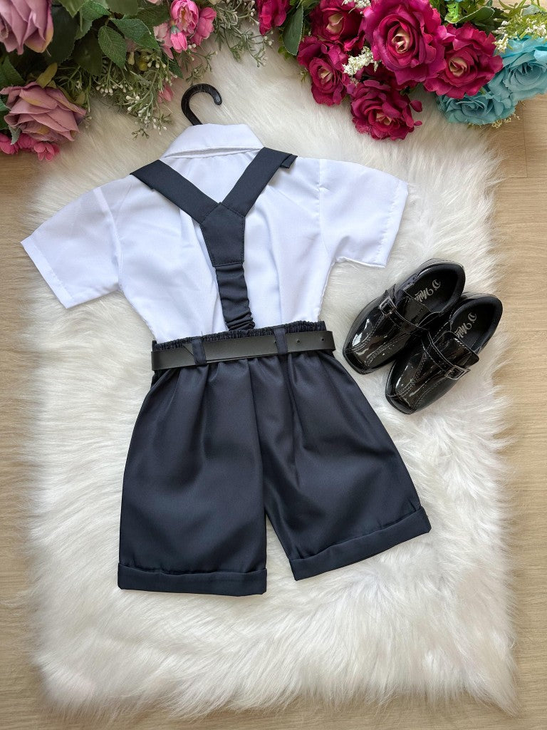 Conjunto Social Infantil Azul Petroleo em Microfibra com Gravata e Suspensório para Pajem