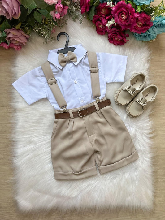 Conjunto Social Infantil Branco em Microfibra com Gravata Bege e Suspensório para Casamento